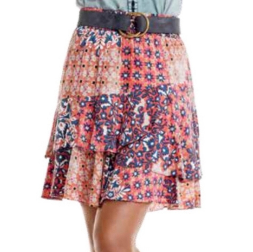 ❤️ NWOT! CABI ISABEL PATCHWORK PRINT TIERED PINK NAVY ORANGE RUFFLE SKIRT
